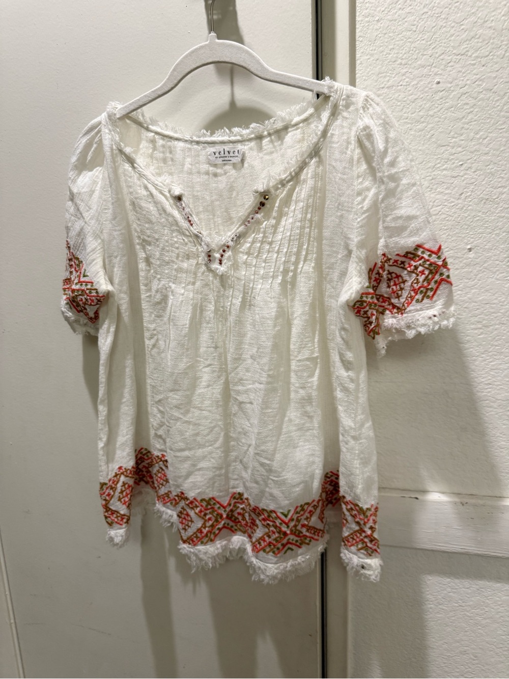 Velvet by Graham & Spencer White Embroidered Fringe Boho Tunic peasant top small
